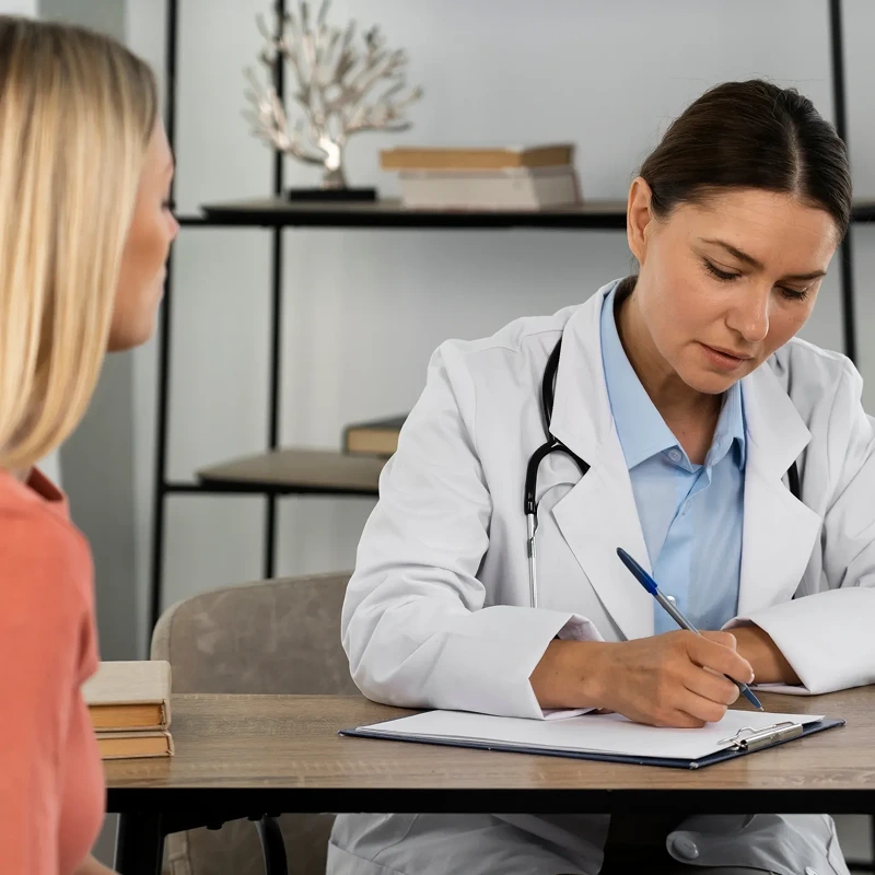 Provider writing notes at her desk – online psychiatry in Eugene, OR